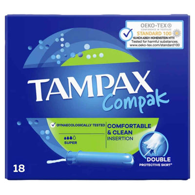 Tampax Compak - Super Tampons - 18pcs offer comfortable & clean insertion, a double protective skirt, and OEKO-TEX Standard 100 certification—ideal for sensitive skin with reliable, super absorbency protection.