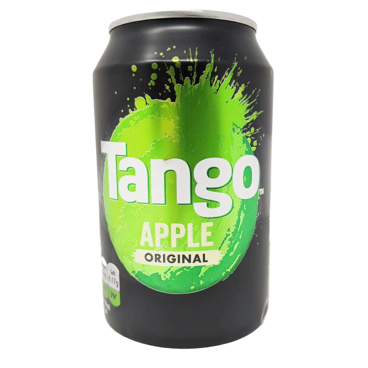 A can of Tango - Apple Original - 330ml soda with a black background and a green splash design on the front.