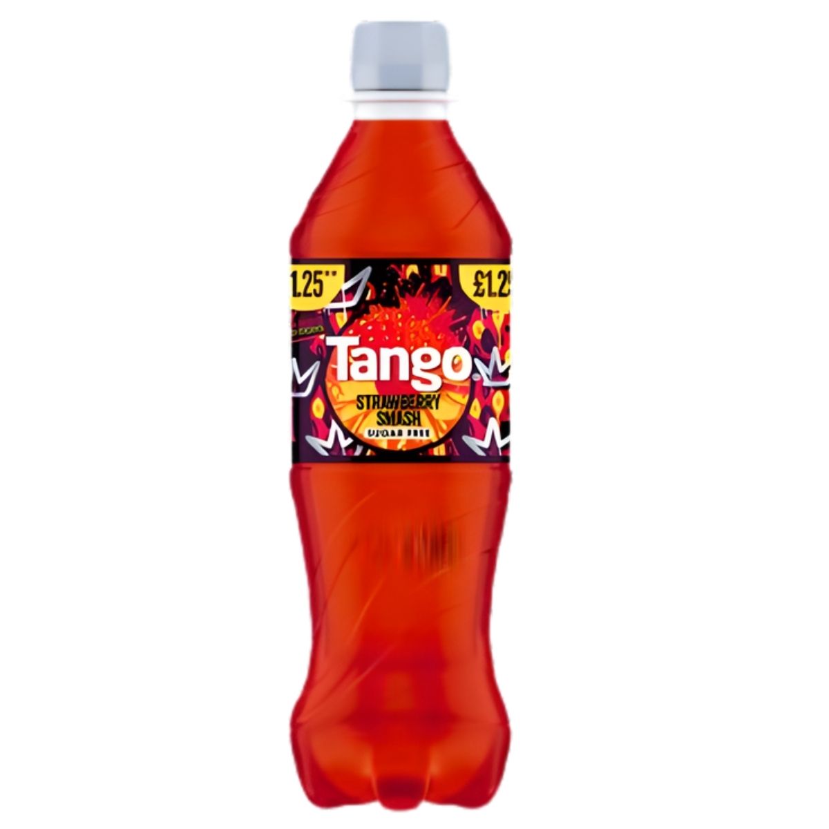 A 500ml Tango Strawberry Smash Sugar Free soft drink with red liquid, black label, and a visible £1.25 price.