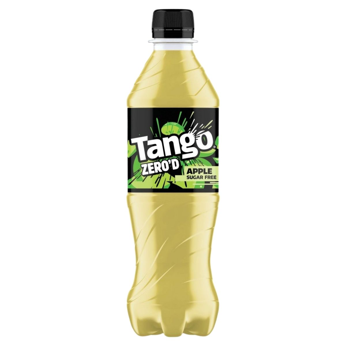 A 500ml plastic bottle of Tango Zero'D Sugar Free Apple Drink with a black and green label and a black cap.