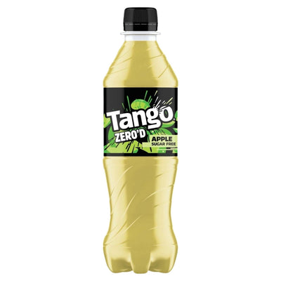 A 500ml plastic bottle of Tango Zero'D Sugar Free Apple Drink with a black and green label and a black cap.