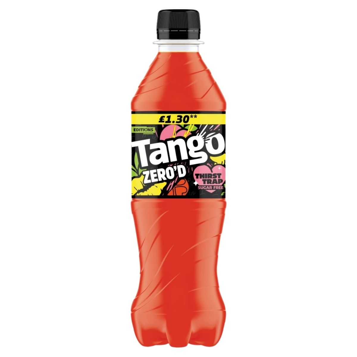 Red bottle of Tango Zero D soft drink with a colorful label on a white background