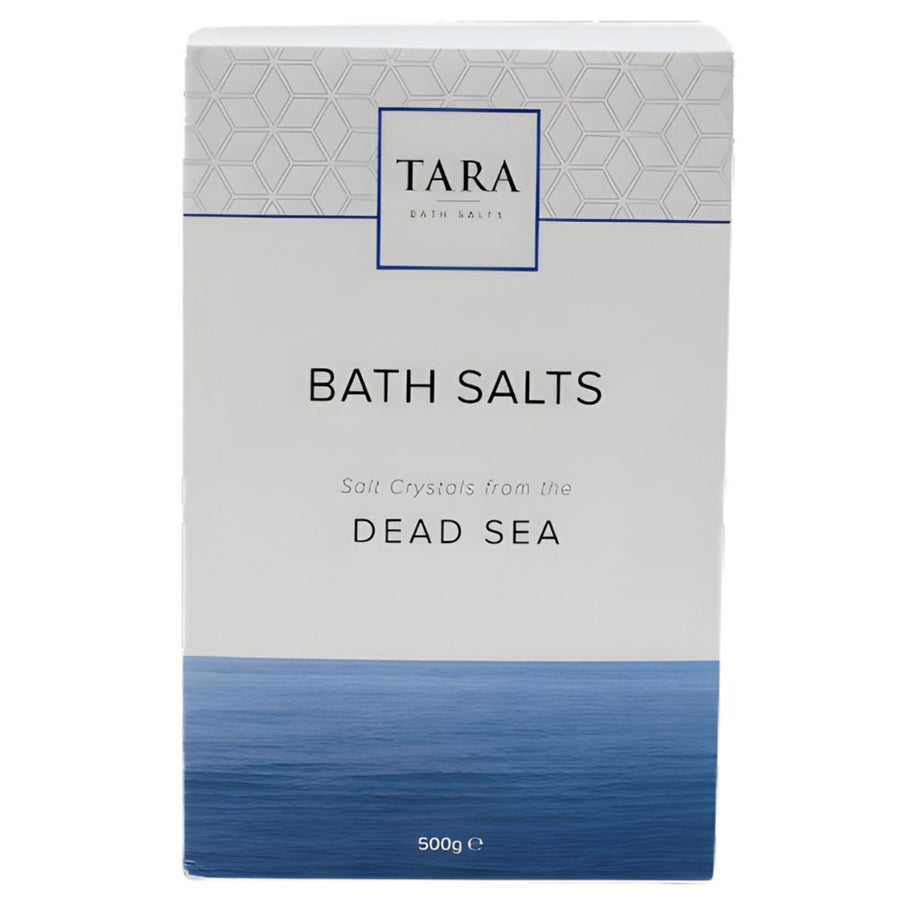 A 500g box of Tara - Dead Sea Bath Salts by Tara, featuring salt crystals from the Dead Sea and a blue ocean design at the bottom, crafted from mineral-rich waters.