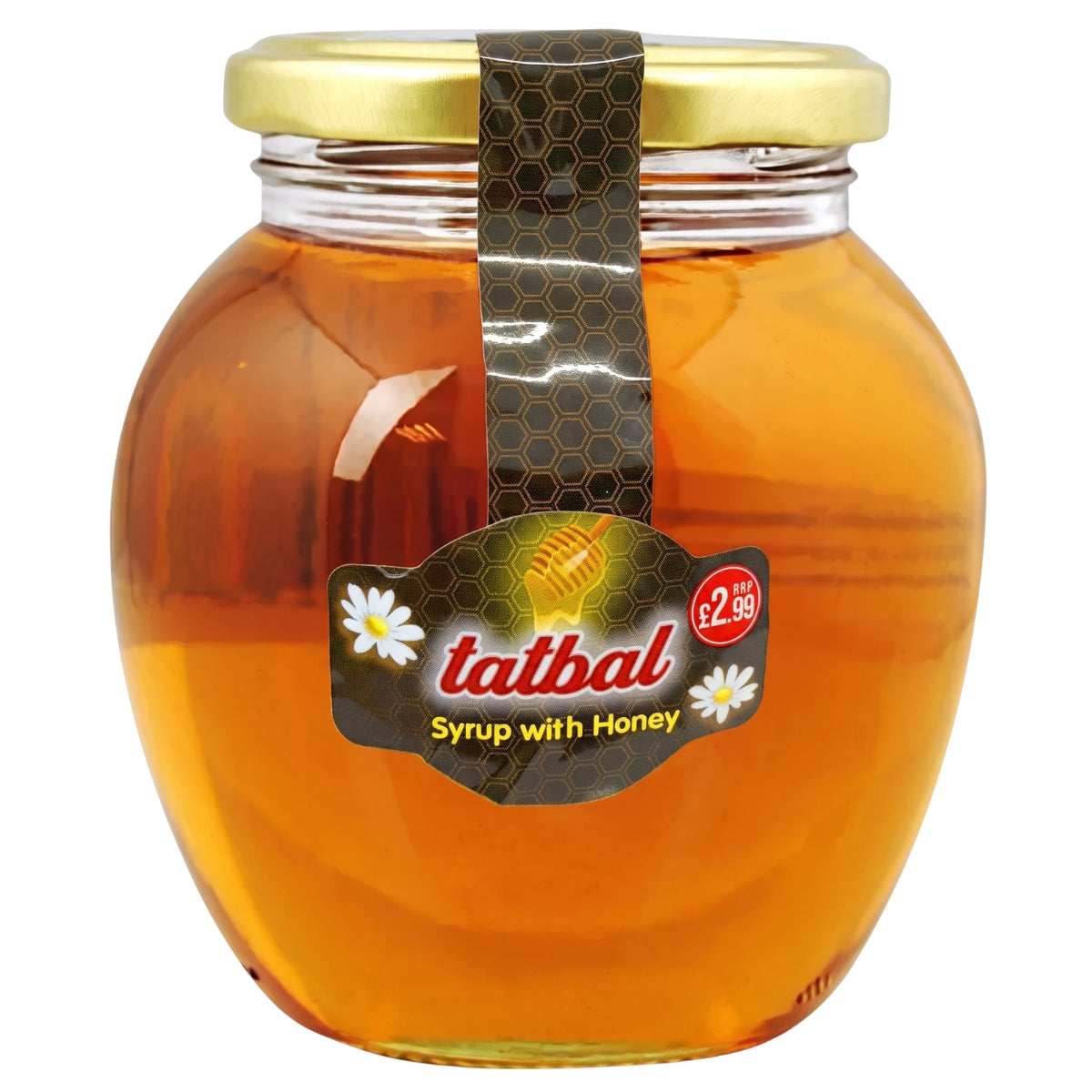A 450g glass jar of Tatbal Honey Syrup, made with a blend of honey and fructose-glucose syrup, sealed with a gold lid and a dark label, is available for £2.99.