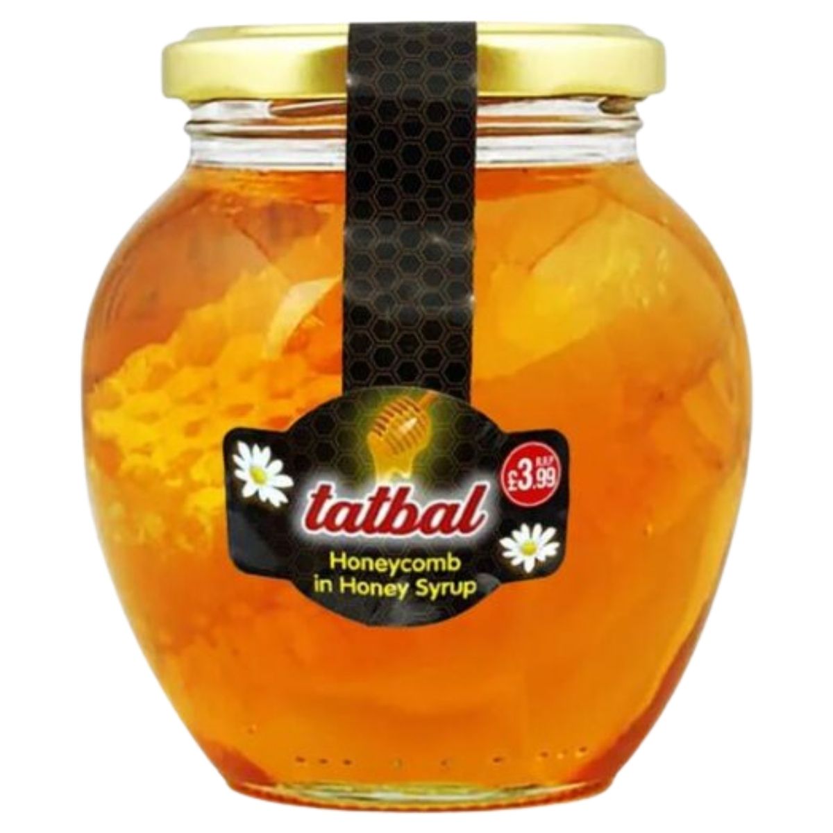 A 450g Tatbal Honeycomb in Honey Syrup Jar with a gold lid; label features product name, daisies, and price. Visible honeycomb pieces inside the jar. Brand: Tatbal.