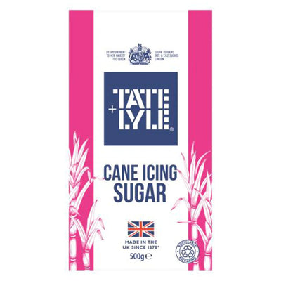 A 500g packet of Tate & Lyle Cane Icing Sugar featuring a pink and white design with sugar canes and a British flag, labeled "Made in the UK since 1878.