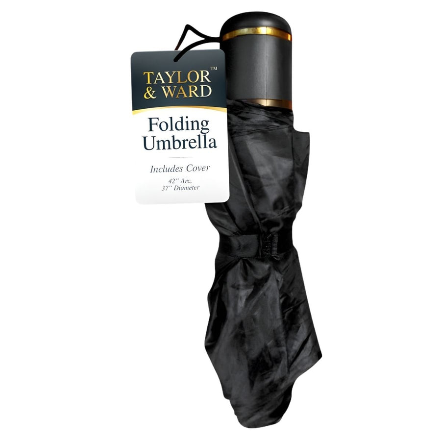 The Taylor & Ward Folding Umbrella (42" Arc, 37" Diameter) in black is compact, comes with a cover, and is ideal for travel convenience.