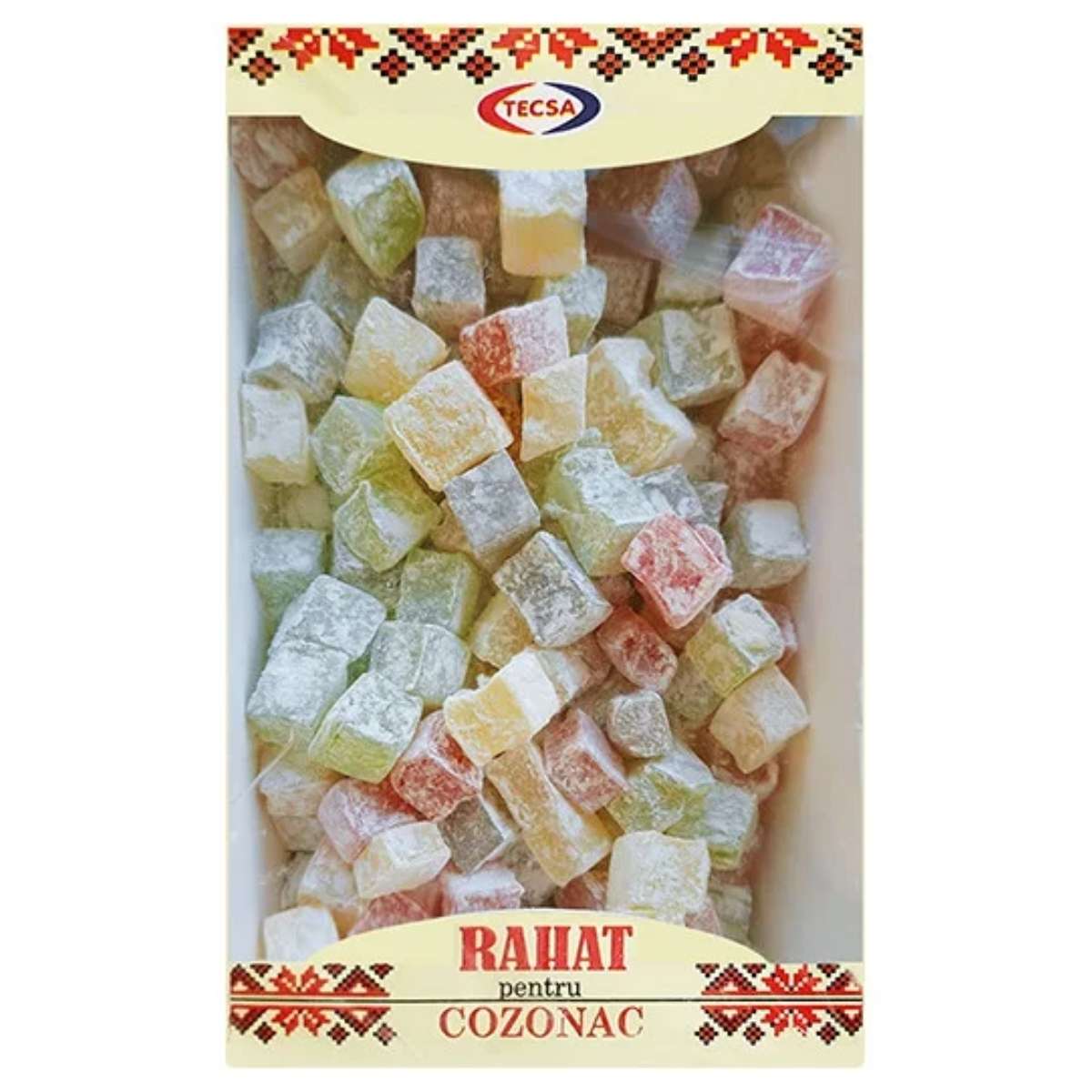 A 450g box of Tecsa's powdered Turkish delight, labeled "Rahat Pentru Cozonac," offers a vibrant sweetness ideal for enhancing your traditional dessert. The packaging features an ornate decorative border.