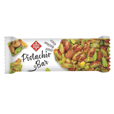 The Tempo - Pistachio Bar - 40g packaging showcases a clear window displaying whole pistachios, highlighting the nutty flavor within. Ideal for on-the-go snacking, its branding and name are prominently featured on the front.