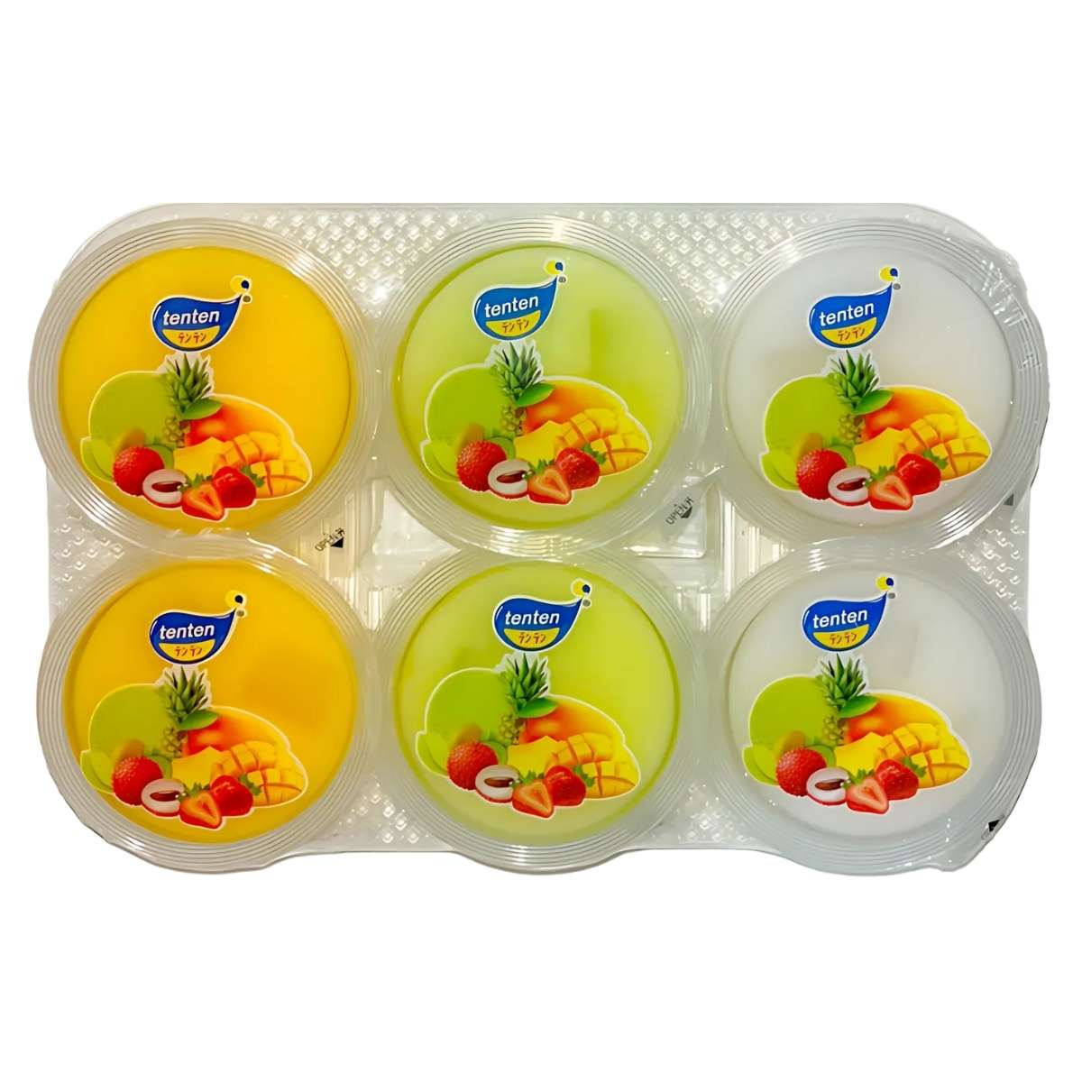 Tray of six Tenten fruit-flavored jelly puddings with coconut pieces, a delicious snack featuring assorted flavors and images of pineapples, strawberries, and lychees.