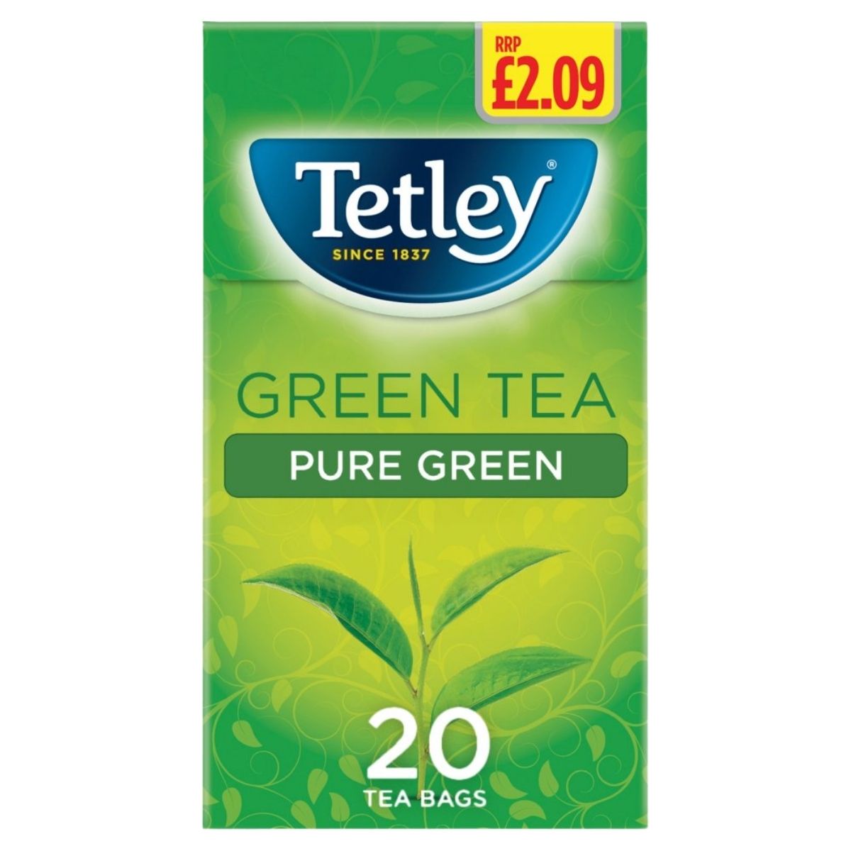 The front of a Tetley Green Tea Pure Green box features 20 tea bags, ideal for a healthy lifestyle, with the price £2.09 shown in the top right corner. Brand: Tetley.