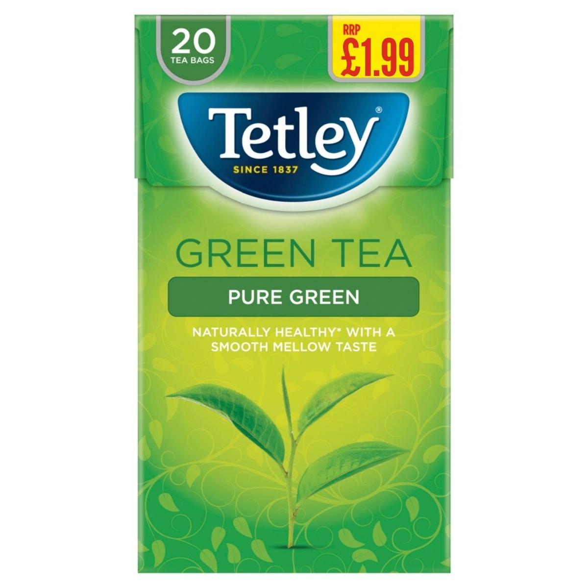 Tetley Green Tea Pure Green, 40g pack with 20 tea bags, priced at £1.99. Features a green leaves design and text promoting a smooth taste. Enjoy the purest green tea with Rainforest Alliance Certified assurance.