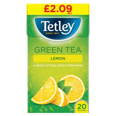 Tetley Lemon Green Tea, 20 tea bags (£2.09), offers a refreshing lemon flavour and antioxidants—perfect for a revitalising brew.