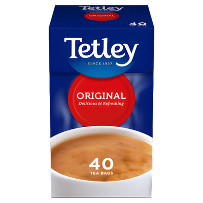 A box of Tetley Original Black Tea with 40 tea bags, featuring a cup of tea on the front.
