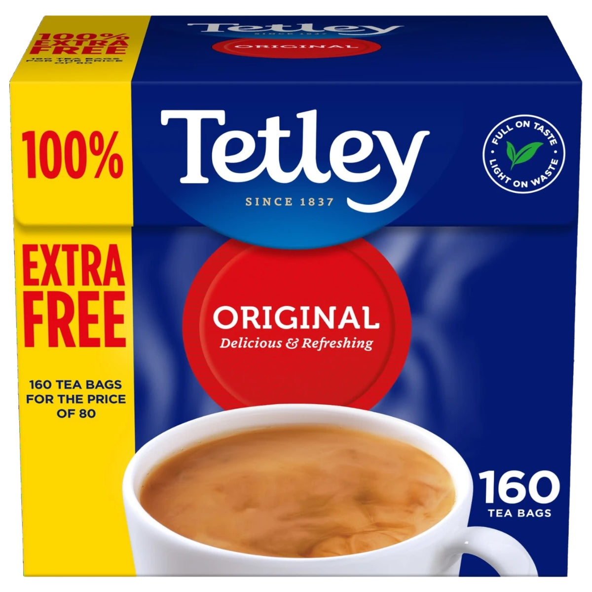 A box of Tetley - Original 160 Tea Bags (500g) by Tetley, featuring blue and yellow packaging labeled “160 tea bags” and “100% extra free,” with a close-up image of a classic British cup of rich Tetley black tea.