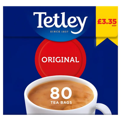 Front view of a Tetley Original 80 Tea Bags (250g) box, showing a classic cup of British tea and an RRP of £3.35, all set against a blue background.