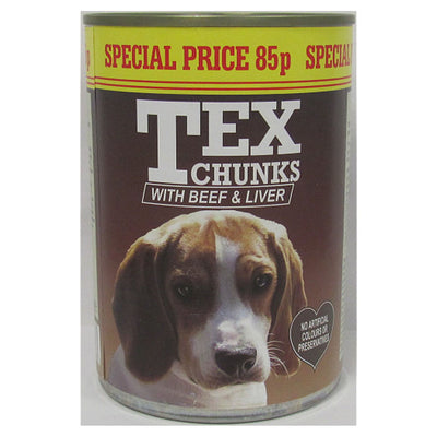 A can of Tex - Beef & Liver Dog Food - 400g.