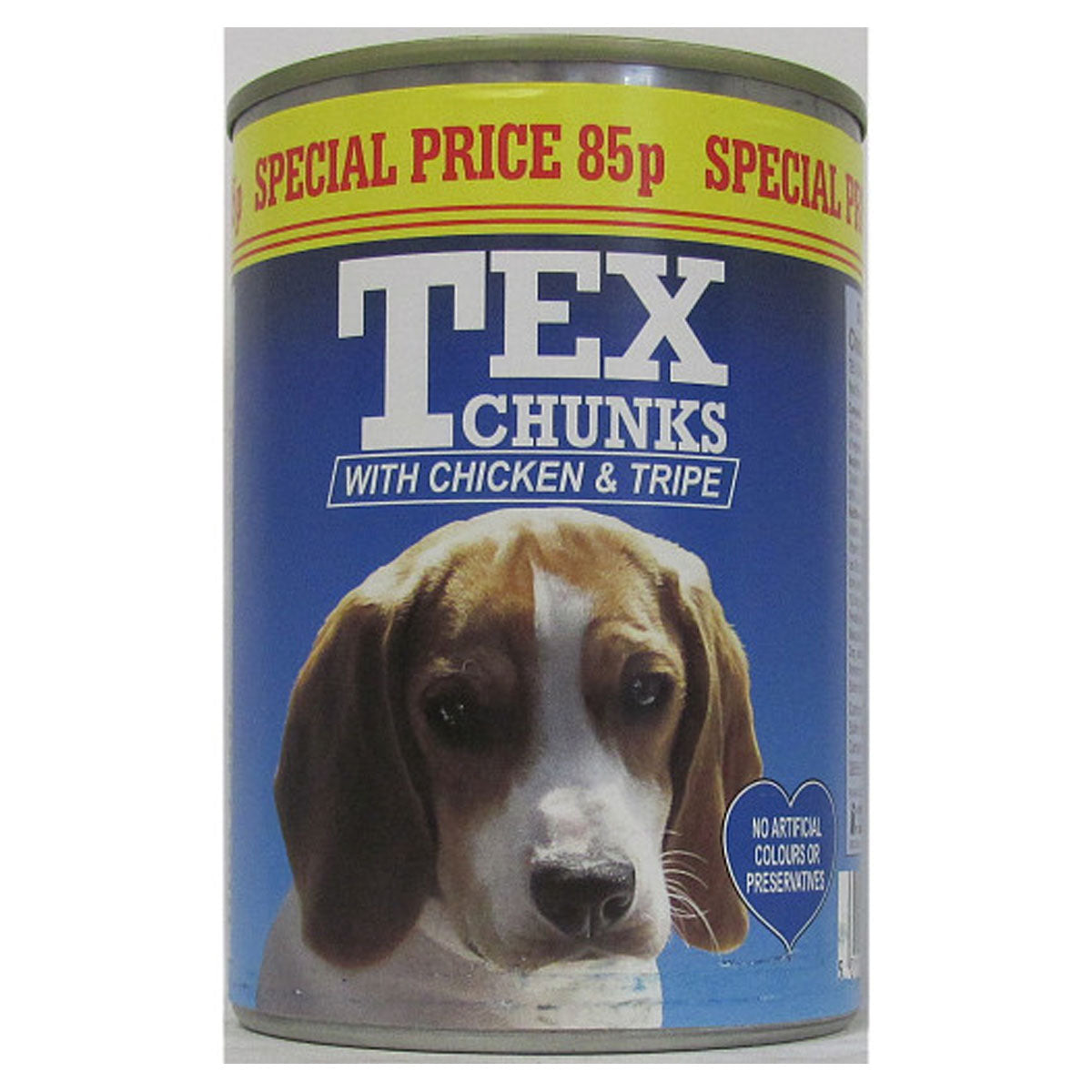 A can of Tex - Chicken & Tripe - 400g with chicken and tape.