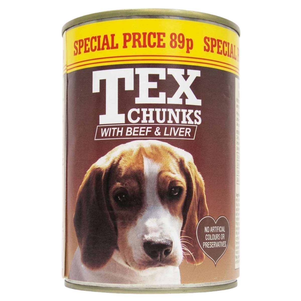 Can of Tex Chunks dog food with a special price label on a white background