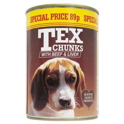 Can of Tex Chunks dog food with a special price label on a white background