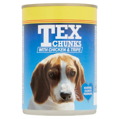 A 400g can of Tex Chunks dog food highlights a protein-rich meal with chicken and tripe, adorned with a beagle image. Text proudly states "No Artificial Color or Preservatives.