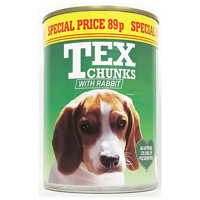 Tex Chunks - with Rabbit 400g can featuring a dog's face, special price 89p marked at the top. Enriched for a high-protein dog diet, with no artificial colors or preservatives.