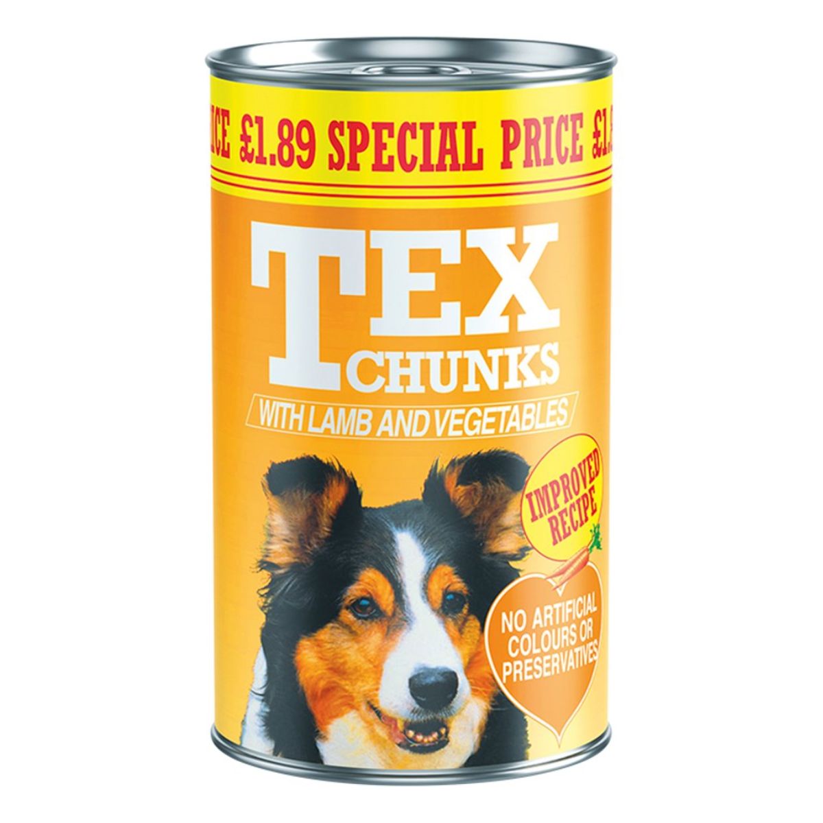 A can of Tex Chunks - with Lamb & Vegetables - 1.2kg dog food on a white background.