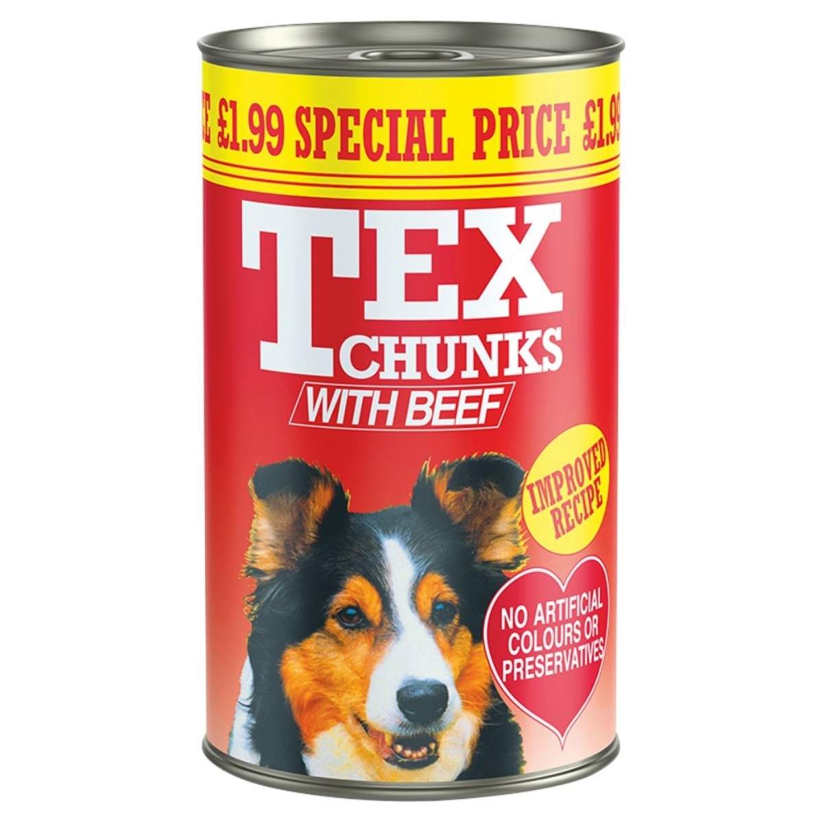 A 1.2Kg can of Tex Chunks with Beef dog food showcasing a dog image, labeled "Improved Recipe" and "No Artificial Colours or Preservatives," is available for £1.99.