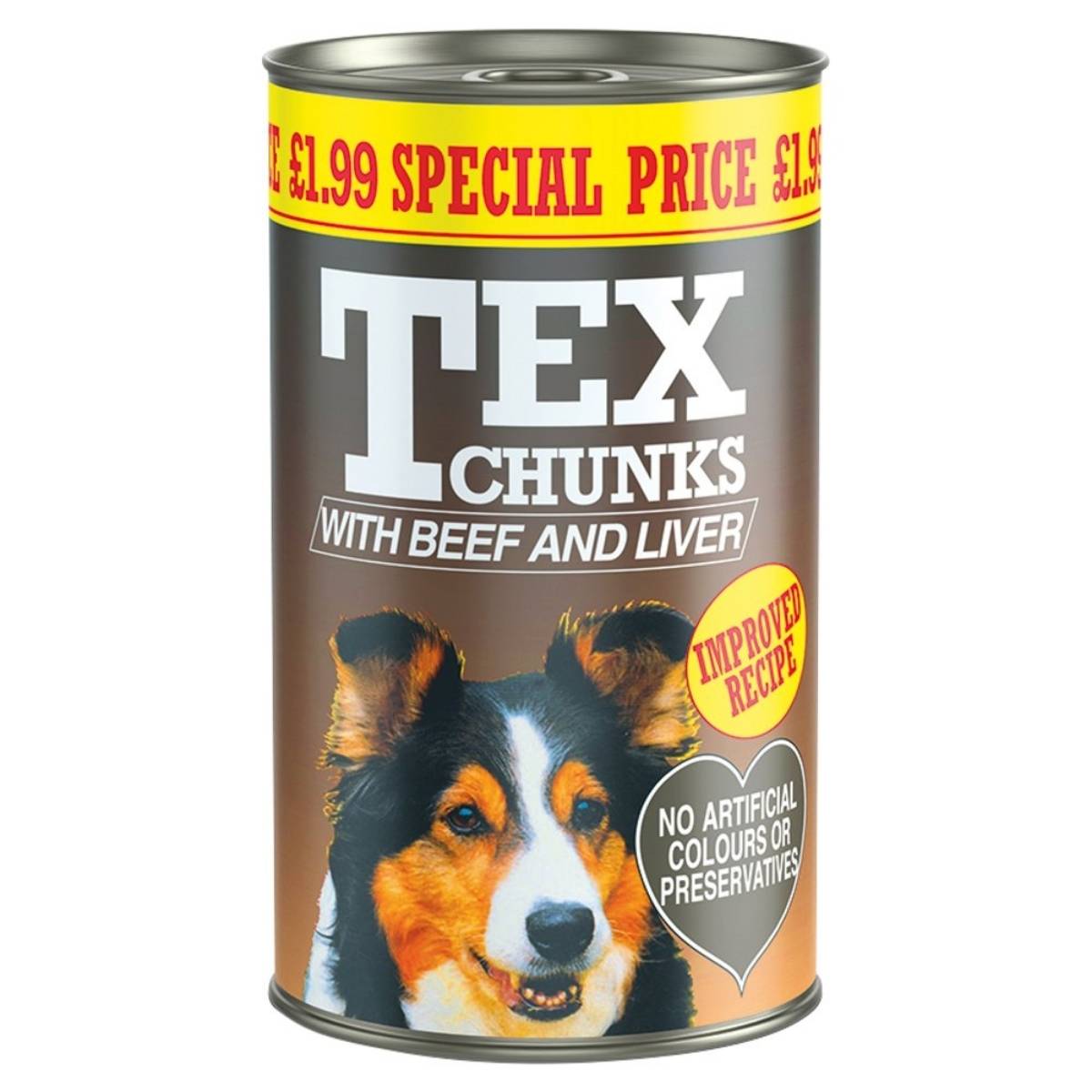 Tex Chunks - with Beef & Liver, a 1.2kg can of dog food showcasing a collie image and marked with the labels "Improved Recipe" and "No Artificial Colours or Preservatives," is priced at £1.99.