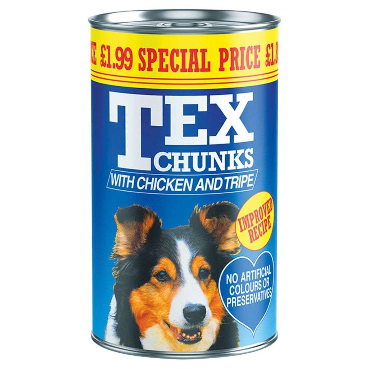 A 1.2Kg can of Tex Chunks, featuring real chicken and tripe along with a dog image on the label, is advertised at a special price of £1.99 and highlights "no artificial colours or preservatives.