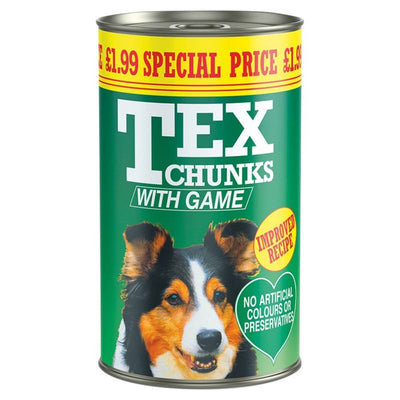 A 1.2Kg can of "Tex Chunks - with Game" dog food. The green label showcases a dog's face and text promoting an improved recipe free from artificial colors or preservatives. Special price: £1.99.