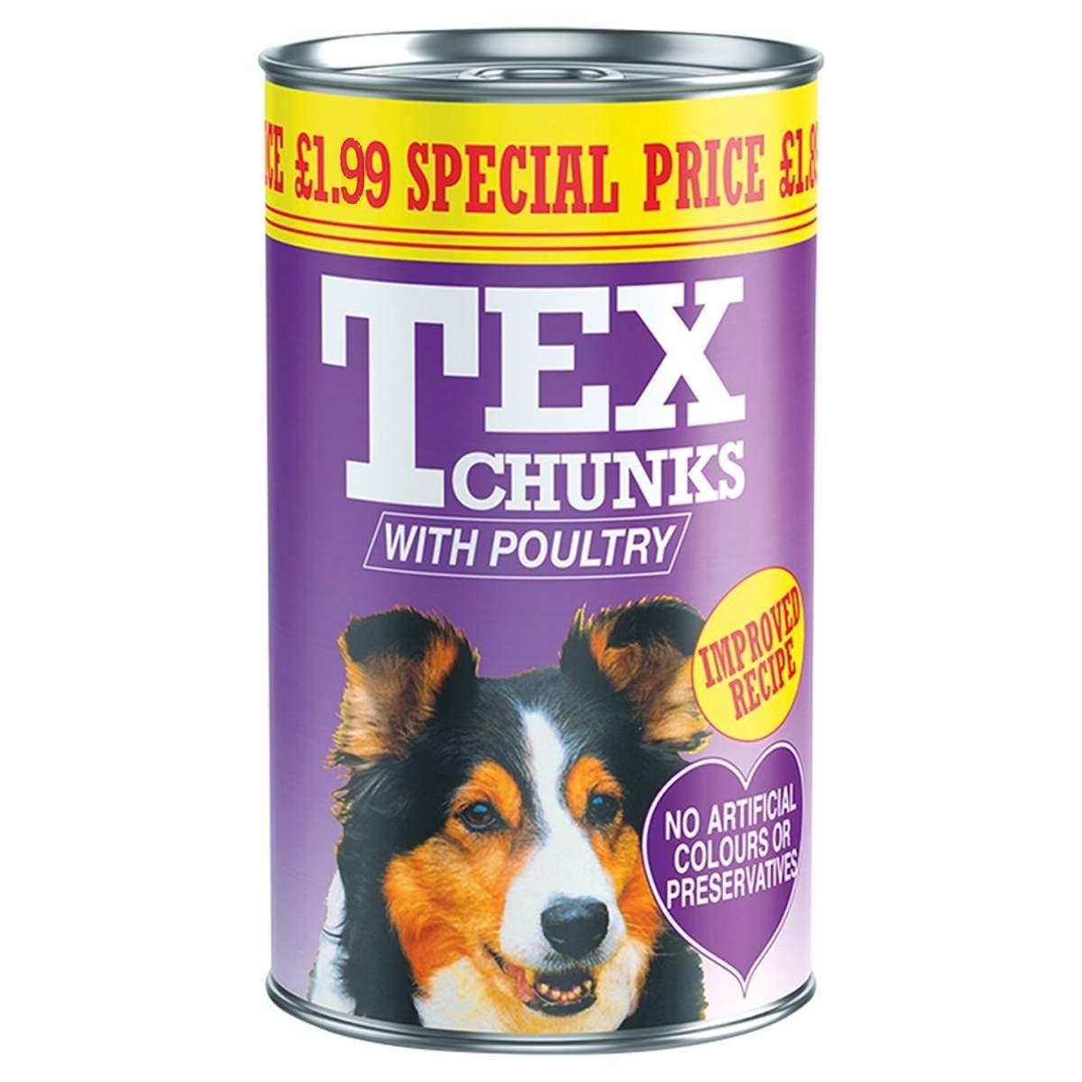 Pick up a 1.2Kg can of Tex Chunks with Poultry for only £1.99, featuring an adorable dog image and labeled with "Improved Recipe" and "No Artificial Colours or Preservatives.