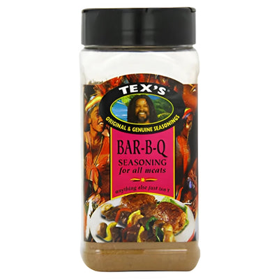 Tex's - BAR-B-Q Seasoning - 300g features a vibrant label with a portrait, a smoky meat image, and a black lid—perfect for all meats.