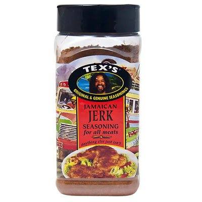 Tex's Jamaican Jerk Seasoning - 300g: A plastic container with a vibrant label featuring seasoned chicken and vehicles, packed with authentic Caribbean spices—perfect for all meats.