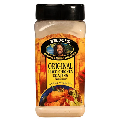 A 300g plastic container of Tex's Original Fried Chicken Coating Spices Seasoning with a yellow label, black lid, and images of crispy fried chicken and salad on the front.
