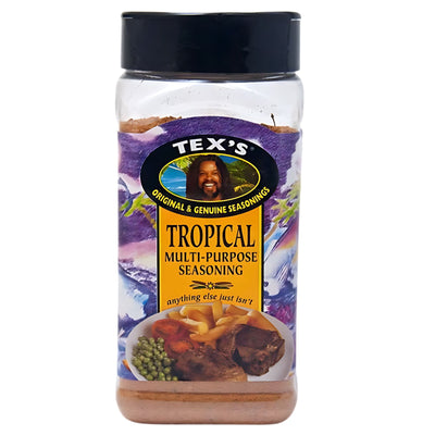 Tex's Tropical Multi-Purpose Seasoning (300g) comes in a plastic container with a black lid, a vibrant label, and an image of cooked food—perfect for adding exotic flavor to any dish.