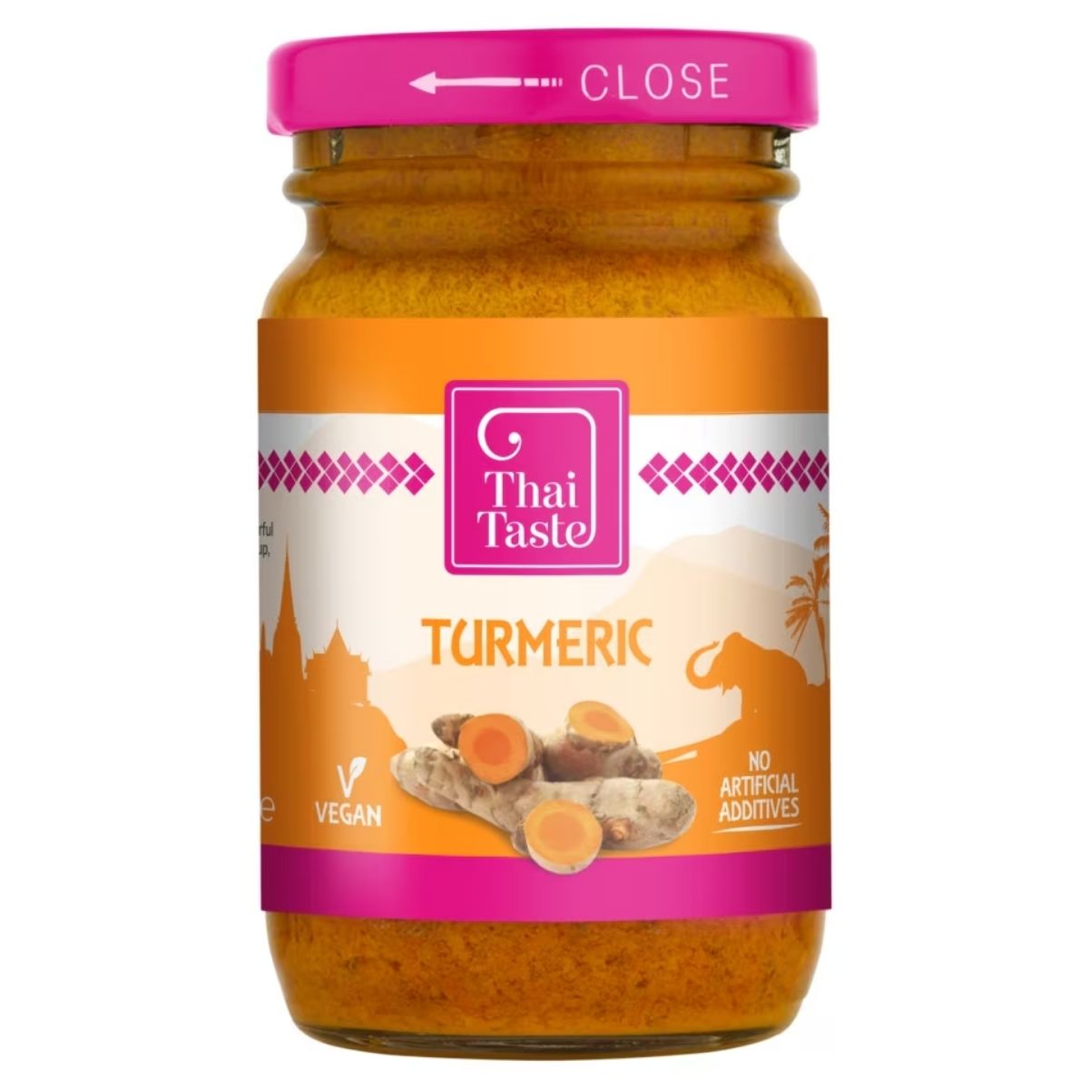 Thai Taste Turmeric in a jar with a purple lid features turmeric roots, a vegan symbol, and no artificial additives on the label. Enhance your cooking with this exotic flavor for a Thai twist in any dish.