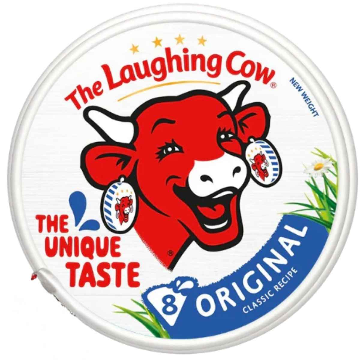 Round container of Laughing Cow - Original Cheese Spread Triangles - 8Pcs features the smiling red cow logo, "The Unique Taste," and "8 Original Classic Recipe" on a white background.