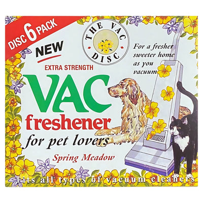 The Vac Disc - Extra Strength Spring Meadow Air Freshener Discs, 6 Pack, by The Vac Disc. Features pet and floral illustrations; labeled "for pet lovers." Perfect vacuum odour remover for a fresh home.