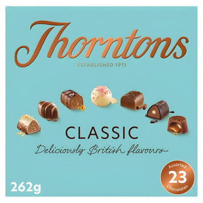 Thorntons Classic Collection, 262g box, features an assortment of 23 milk, white, and dark British chocolates displayed on the front.