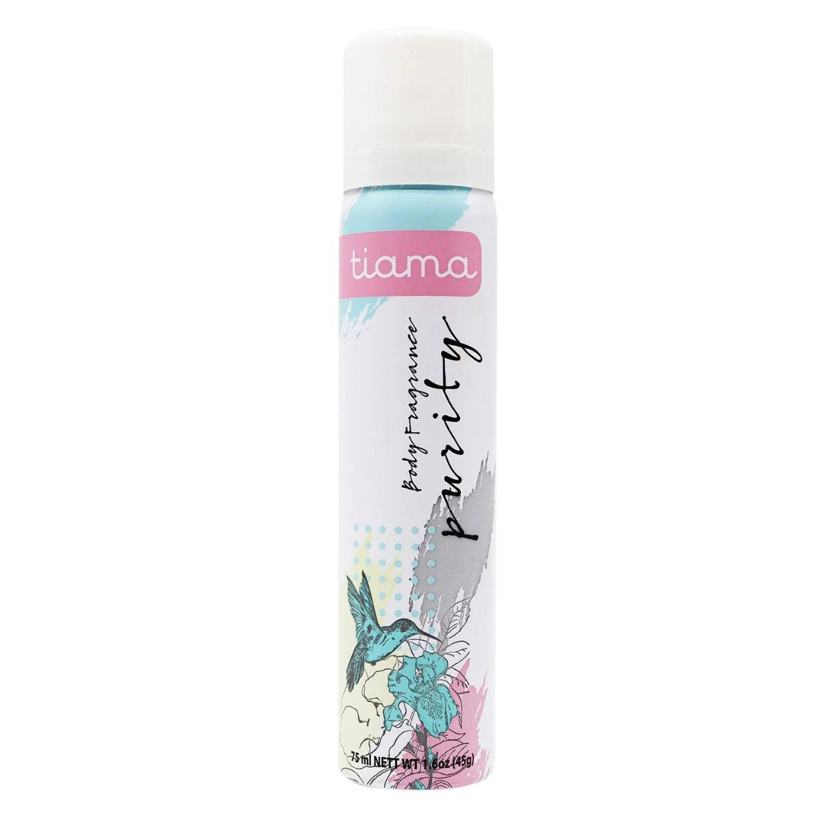 A can of Tiama - Body Fragrance Spray Purity - 75ml featuring floral and bird illustrations on a white background with a refreshing pure scent.