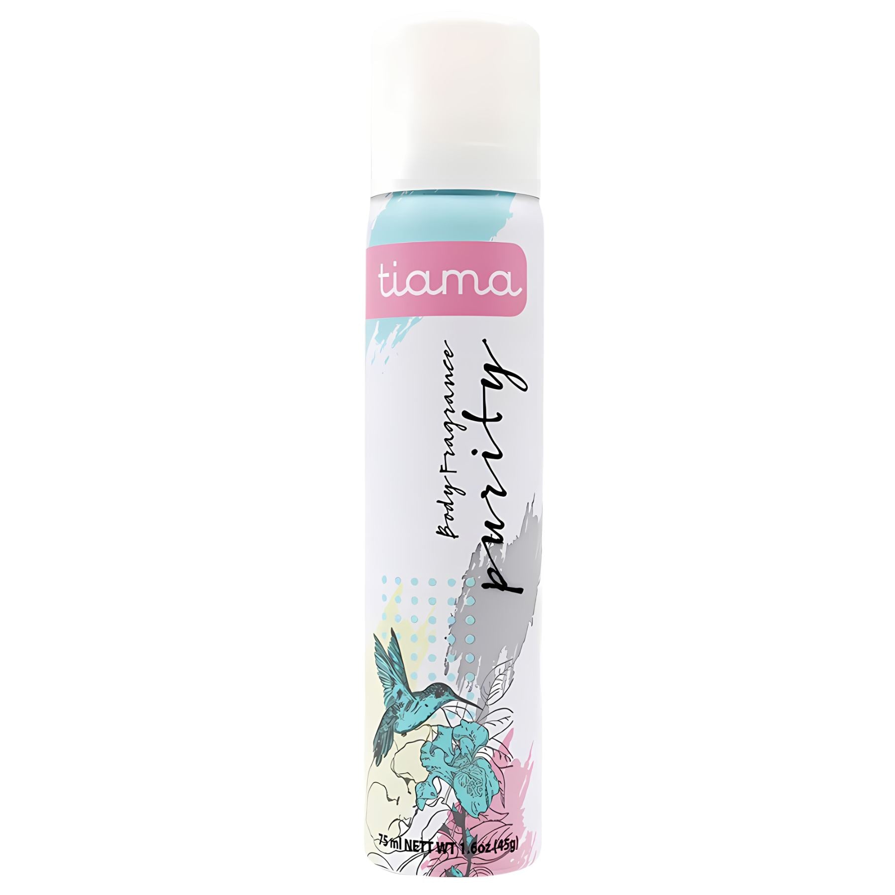 Tiama - Body Fragrance Spray Purity (75ml) features pastel colors, floral and hummingbird designs, and a white cap—an elegant addition to your personal care routine.