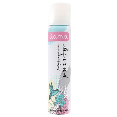 Tiama - Body Fragrance Spray Purity (75ml) features pastel colors, floral and hummingbird designs, and a white cap—an elegant addition to your personal care routine.