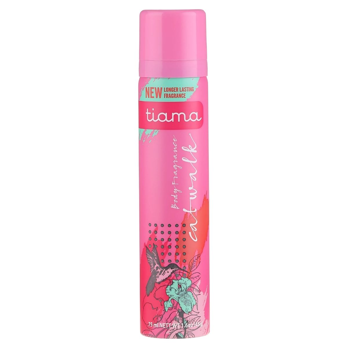 A 75 ml pink spray can adorned with delicate florals, labeled "Tiama - Cat Walk Body Fragrance Spray," ideal for a refined body spray experience.