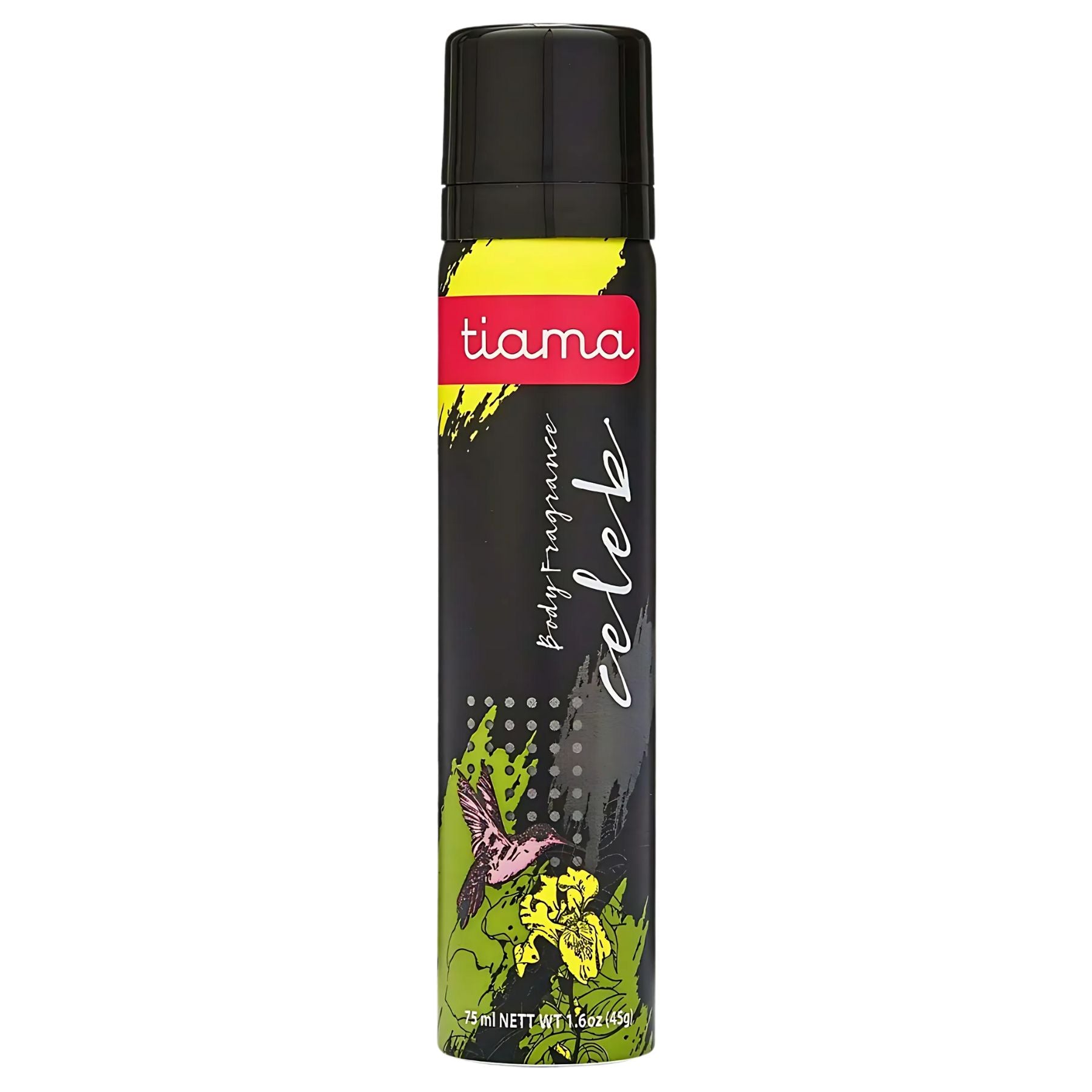 The Tiama - Celeb Body Spray 75ml by Continental Food Store features a black cap, vibrant floral label, and offers a refreshing fragrance ideal for daily use.