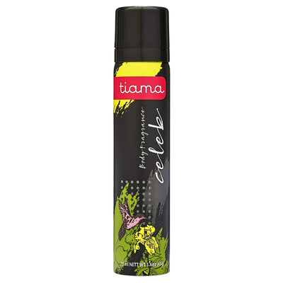 The Tiama - Celeb Body Spray 75ml by Continental Food Store features a black cap, vibrant floral label, and offers a refreshing fragrance ideal for daily use.