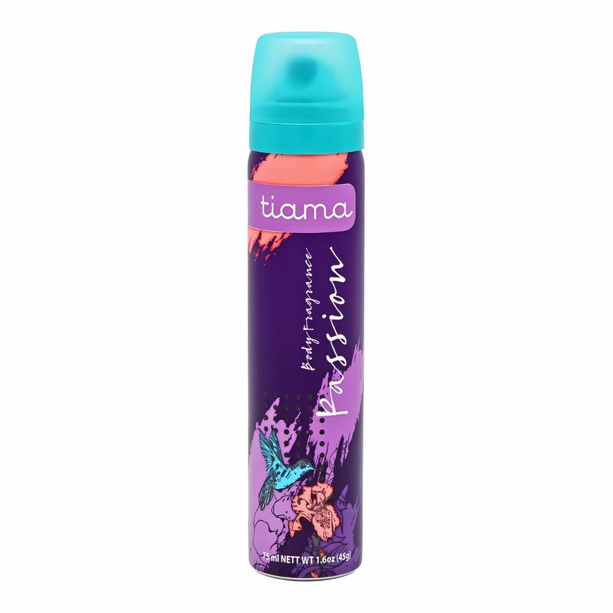 A 75ml can of Tiama - Passion Body Fragrance Spray, perfect for a romantic evening, features purple and turquoise artwork with enchanting birds and flowers.