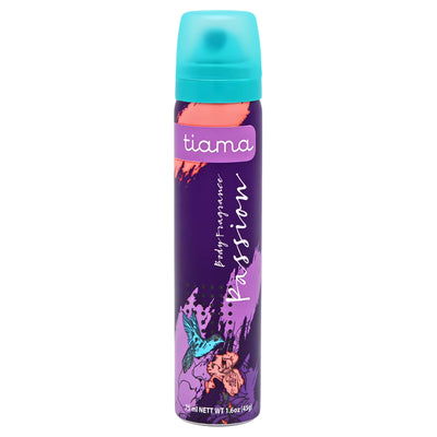 Tiama Passion Body Fragrance Spray 75ml features a vibrant purple and turquoise can with bird and floral designs, delivering a romantic scent ideal for any occasion.