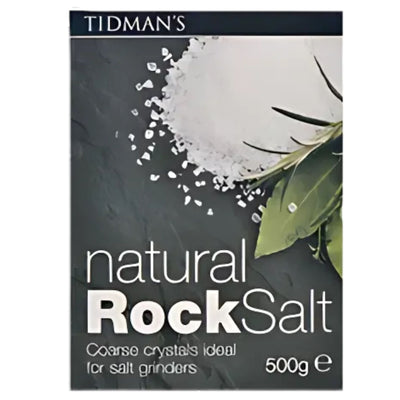 Tidman's Natural Rock Salt 500g features coarse, unrefined crystals ideal for grinders and a healthy diet. The packaging displays green leaves on the front.