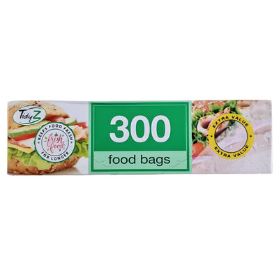 A "Tidyz - Food Bags - 300 Bags" box from Tidyz, featuring images of a sandwich and salad, offers extra value—ideal for kitchen organisation.